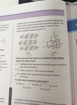 Grafit ve elmas karbon atomlarından oluşmasına rağmen, aynı
3. Şekilde grafit ve elmasın yapısına ait modeller gösterilmiştir.
F
maddeye ait T
ilgili bir deney
parça bir
sıcaklıklarda, grafitin özkütlesi yaklaşık 2,15 g/cm3 iken,
elmasın özkütlesi yaklaşık 3,5 g/cm3'tür.
lem
V1
tışları
grafit
elmas
2, 15
3,5
Karbon atomlarından oluşan bu maddelerin farklı özkütle
değerlerine sahip olması;
e edilen
ur.
warçadan
aha az olur.
aki sivinin
tha
V 1. grafitteki karbon atomlarının elmastaki karbon atomlarına
göre daha hafif olması,
II. karbon atomlarının farklı biçimde dizilmesi,
III. elmasta, birim hacimde daha fazla karbon atomu
bulunması
öncüllerinden hangileriyle açıklanabilir?
A) Yalnız!
B) Yalnız III
C) I ve II
D) II ve III
E) I, II ve III
ansinansahin.com
görevi
in alt
4. Şekildeki K kabı içerisinde cyan renge boyanmış su. M kahi
içerisinde de sarı renge boyanmin