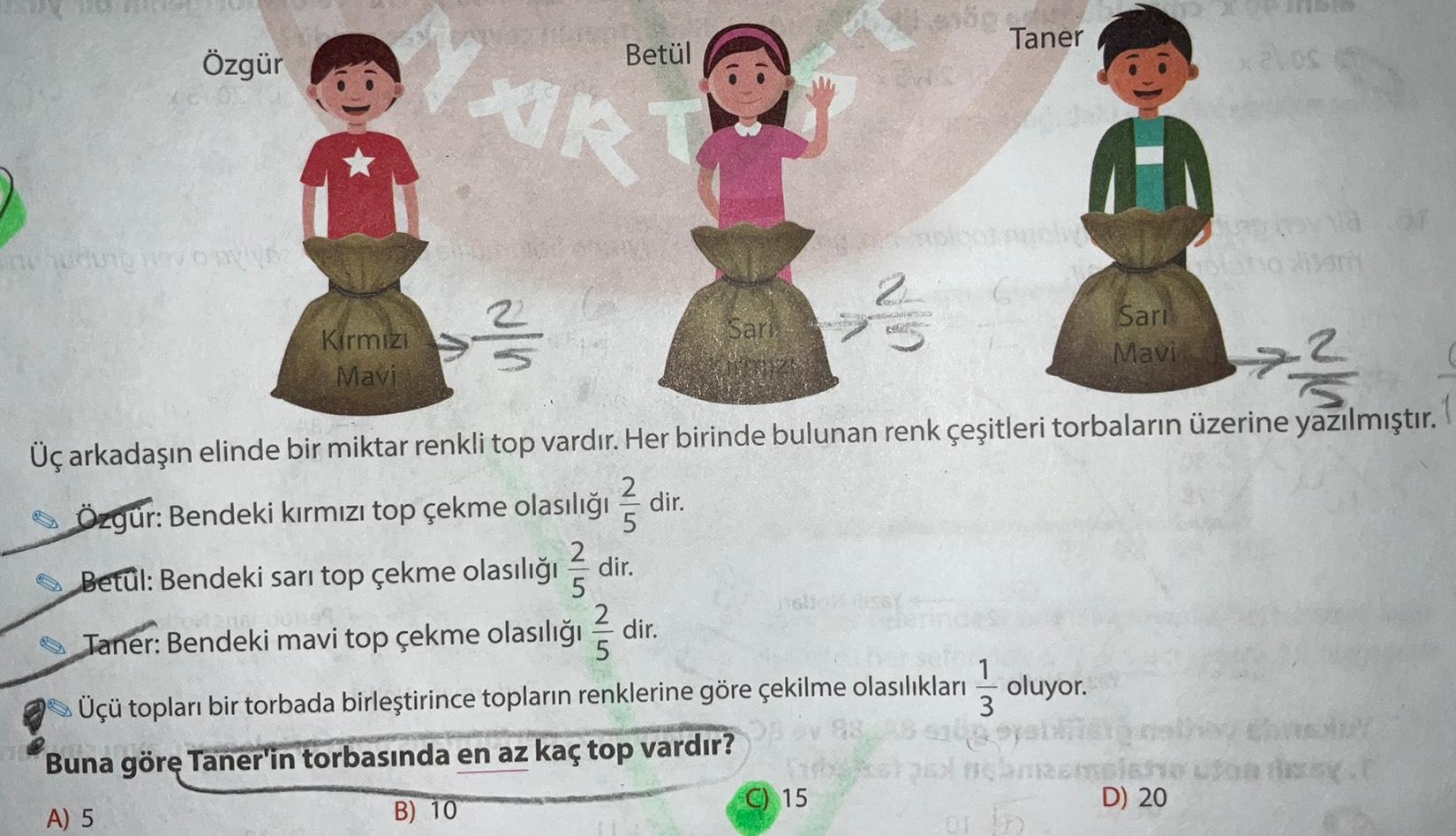 Taner
Özgür
3 XRT
Betül
alb
72
dir.
Kirmizi
Sarı
Sarı
Mavi:
Mavi
Üç arkadaşın elinde bir miktar renkli top vardır. Her birinde bulunan renk çeşitleri torbaların üzerine yazılmıştır. 1
2.
Özgür: Bendeki kırmızı top çekme olasılığı dir.
5
2
Betul: Bendeki sarı top çekme olasılığı
5
NG
2
Taner: Bendeki mavi top çekme olasılığı
Üçü topları bir torbada birleştirince topların renklerine göre çekilme olasılıkları
oluyor.
3
Buna göre Taner'in torbasında en az kaç top vardır?
A) 5
B) 10
D) 20
OF
dir.
5
1
15
