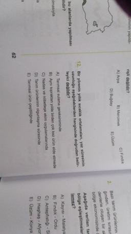 riminin yapıldı
rişli değildir?
A) Arpa
C) Fındık
B) Mercimek
D) Buğday
E) Üzüm
2.
Bazı tarım ürünlerinin
ğından, üretim sırasır
denlerle oluşan bir ah
bölge ekonomisinde
12. Bir yörenin yıllık sıcaklık ortalamaları, yaz süresinin
uzunluğu aşağıdakilerden hangisinde doğrudan belir-
leyici değildir?
Aşağıda verilen tar
bölge eşleştirmeler
lemez?
bu alanlarda yapılması
ilidir?
olmasıyla
A) Tarımsal sulama gereksiniminde
B) Aynı topraktan yılda birden çok kez ürün elde etmede
C) Nadas ve nöbetleşe ekim uygulamalarında
D) Tarım ürünlerinin olgunlaşma süresinde
E) Tarımsal ürün çeşitliliğinde
A) Kayısı - Malatya
B) Findik - Ordu
C) Antepfıstığı - Si
D) Haşhaş - Afyon
E) Ozüm - Konya
la
a
62
