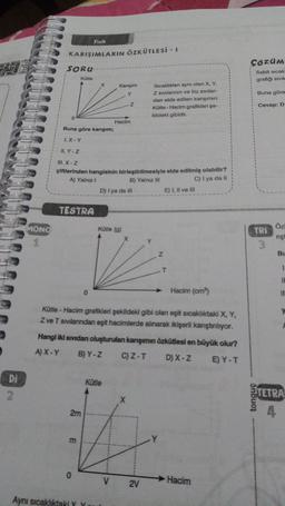 Fizik
KARIŞIMLARIN ÖZKÜTLESI - 1
çözüm
SORU
OKU
Sabit sicak
grafiği sivila
Kütle
Kanşım
Y
Buna göre
Sıcaklıklari aynı olan X, Y,
Z sivilarının ve bu sivilar-
dan elde edilen karışımın
Kütle - Hacim grafikleri şe-
kildeki gibidir.
z
Cevap: D
0
Hacim
Buna göre karışım;
1. X-Y
II. Y - Z
III. X-Z
çiftlerinden hangisinin birleştirilmesiyle elde edilmiş olabilir?
A) Yalnız 1
B) Yalnız III
C) I ya da 11
D) Iya da II
E) I, II ve III
TESTRA
Kütie (9)
Özl
MONO
1
TRI
3
niş
Z
Bu
1
0
Hacim (cm)
Kütle - Hacim grafikleri şekildeki gibi olan eşit sıcaklıktaki X, Y,
Z ve T svilanndan eşit hacimlerde alınarak ikişerli kanştırılıyor.
Hangi iki sividan oluşturulan kanşımın özkütlesi en büyük olur?
A) X-Y
B) Y-Z
CZ-T
D) X-Z
E) Y-T
Di
Kütle
2
TETRA
tonguç
X
2m
4
m
0
V
Hacim
2V
Aynı sıcaklıktakly Y
