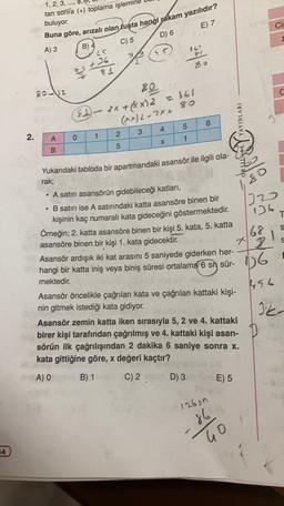1, 2, 3, ...,
tan sonra (+) toplama işlem
buluyor.
E) 7
Ci
Buna göre, arızalı olan tuşta hangi rakam yazılıdır?
D) 6
C) 5
A) 3
B) 4
45
45)
32
2
+36
oo /
81
80-12
C
so
2
81)
2x + (xx)2 =161
(2012-28= 80
6
5
4
2
3
2.
A
0
1
1
PINAL Y YAYINLARI
x
5
B
1,8
80
.
720
T
Yukarıdaki tabloda bir apartmandaki asansör ile ilgili ola-
rak;
A satırı asansörün gidebileceği katları,
• B satırı ise A satırındaki katta asansöre binen bir
kişinin kaç numaralı kata gideceğini göstermektedir.
Örneğin; 2. katta asansöre binen bir kişi 5. kata, 5. katta
asansöre binen bir kişi 1. kata gidecektir.
Asansör ardışık iki kat arasını 5 saniyede giderken her-
hangi bir katta iniş veya biniş süresi ortalama 6 sn sür-
mektedir.
68
X
+ 2
01
2
106
1456
Ik-
Asansör öncelikle çağrılan kata ve çağrılan kattaki kişi-
nin gitmek istediği kata gidiyor.
Asansör zemin katta iken sırasıyla 5, 2 ve 4. kattaki
birer kişi tarafından çağrılmış ve 4. kattaki kişi asan-
sörün ilk çağrılışından 2 dakika 6 saniye sonra x.
kata gittiğine göre, x değeri kaçtır?
A) 0
B) 1
C) 2
D) 3 E) 5
812650
86
Go
54
