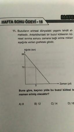 MATE
HAFTA SONU ÖDEVI - 16
11. Buzullarin erimesi dünyadaki yaşamı tehdit et-
mektedir. Antarktika'daki bir buzul kütlesinin kö-
resel ısınma sonucu zamana bağlı erime miktarı
aşağıda verilen grafikteki gibidir.
Ağırlık (ton)
96
72
Zaman (yıl)
3
Buna göre, kaçıncı yılda bu buzul kütlesi ta
mamen erimiş olacaktır?
A) 8
B) 12
C) 14
D) 16
