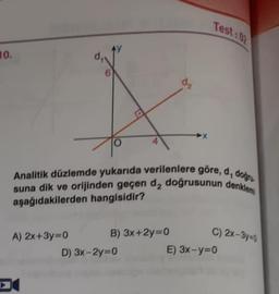 Test: 02
10.
6
d₂
Analitik düzlemde yukarıda verilenlere göre, d, dogru
suna dik ve orijinden geçen d, doğrusunun denklemi
aşağıdakilerden hangisidir?
C) 2x-3y=0
A) 2x+3y=0 B) 3x+2y=0
D) 3x-2y=0
E) 3x-y=0
