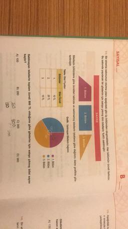 B
SAYISAL
Bir sinema salonunun oturma planı aşağıdaki gibi üç bölümden oluşmaktadır. Her bölümün ücreti farklıdır.
Bu salonda yapılacak bir gösterim için satışa çıkmış tüm biletlerin %40'ı satılmıştır.
13. Aşağıdakika
n sırasıyla
yerleştirilmi
SAHNE
1. Bölüm
2. Bölüm
3. Bölüm
Biletlerin bölümlere göre ücretleri tabloda ve satılmamış biletlerin bloklara göre dağılımı daire grafikte gös-
terilmiştir.
Grafik : Satılmayan Biletlerin Dağılımı
Tablo: Bilet Fiyatlari
Bölümler
Bilet Ücreti
Dikdört
hanın a
1.
10 TL
: 1. Bölüm
120
2.
20 TL
: 2. Bölüm
A) 130
150
3.
10 TL
: 3. Bölüm
Satılmayan biletlerin toplam ücreti 800 TL olduğuna göre gösterim için satışa çıkmış bilet sayısı
kaçtır?
14. Bir el
ların
A) 100
B) 280
C) 300
D) 360
800
266
190
200
