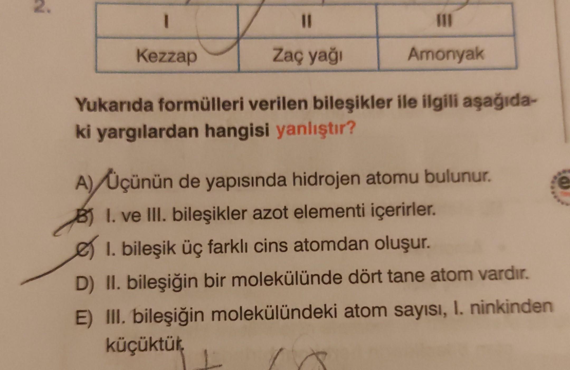 2.
11
III
Kezzap
Zaç yağı
Amonyak
Yukarıda formülleri verilen bileşikler ile ilgili aşağıda-
ki yargılardan hangisi yanlıştır?
A) Üçünün de yapısında hidrojen atomu bulunur.
B) I. ve III. bileşikler azot elementi içerirler.
I. bileşik üç farklı cins atomdan oluşur.
D) II. bileşiğin bir molekülünde dört tane atom vardır.
E) III. bileşiğin molekülündeki atom sayısı, I. ninkinden
küçüktür,
