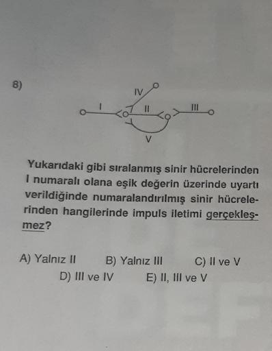 8)
IV
al
II
V
Yukarıdaki gibi sıralanmış sinir hücrelerinden
I numaralı olana eşik değerin üzerinde uyartı
verildiğinde numaralandırılmış sinir hücrele-
rinden hangilerinde impuls iletimi gerçekleş-
mez?
A) Yalnız II B) Yalnız III C) II ve v
D) III ve IV E