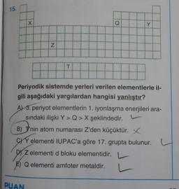 15.
Y
x
Q
Y
N
T
Periyodik sistemde yerleri verilen elementlerle il-
gili aşağıdaki yargılardan hangisi yanlıştır?
A) 3. periyot elementlerin 1. iyonlaşma enerjileri ara-
sındaki ilişki Y>Q> X şeklindedir.
B) J'nin atom numarası Z'den küçüktür. X
CWY elementi IUPAC'a göre 17. grupta bulunur.
D) z elementi d bloku elementidir.
Q elementi amfoter metaldir.
PUAN
