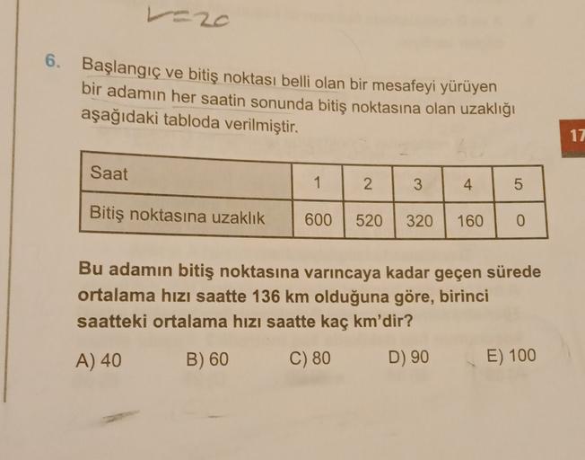 L=20
6. Başlangıç ve bitiş noktası belli olan bir mesafeyi yürüyen
bir adamın her saatin sonunda bitiş noktasına olan uzaklığı
aşağıdaki tabloda verilmiştir.
17
Saat
1
2
3
4
5
Bitiş noktasına uzaklık
600
520
320
160
0
Bu adamın bitiş noktasına varıncaya ka