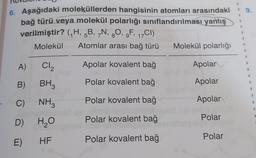 9.
6. Aşağıdaki moleküllerden hangisinin atomları arasındaki
bağ türü veya molekül polarlığı sınıflandırılması yanlış
verilmiştir? (H, 5B, N, 30, F, 17CI)
Molekül
Atomlar arası bağ türü Molekül polarlığı
5
8
9
A)
Cl2
Apolar kovalent bağ
Apolar
B)
BH3
Polar kovalent bağ
Apolar
C)
NH3
Polar kovalent bağ
Apolar
Polar kovalent bağ
Polar
D) HO
Polar
E)
HF
Polar kovalent bağ
