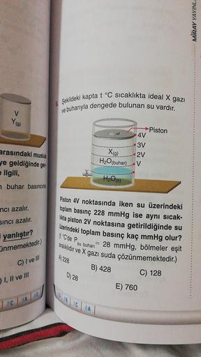 MIRAY YAYINL
6 Şekildeki kapta t °C sicaklıkta ideal X gazi
ve buharıyla dengede bulunan su vardır.
V
Y(g)
Piston
4V
3V
2V
.V
arasındaki musluk
ve geldiğinde ger
e ilgili,
X(9)
H2O(buhar)
H2O(s)
buhar basıncına
ncı azalır.
Piston 4V noktasında iken su üzer