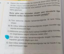 4. Diploit (2n) kromozomlu bir hücre ilk önce mitoz hemen ar
dindan mayoz bölünme geçiriyor. Bolünme tamamlandıktan
sonra oluşan hücreler bir süre bekliyor ve bir mitoz bölünme
daha geçiriyor.
Buna göre ana hücreden oluşan yeni hücrelerle ilgili
aşağıda verilen ifadelerden hangisi yanlıştır?
A) Tüm bölünme olayları tamamlandığında 16 tane hücre
oluşur.
B) İlk mitoz bölünme tamamlandığında oluşan hücreler eşit
sayıda kromozom taşır.
C) Bölünme sonucunda farklı kalıtsal özelliğe sahip hücrele-
rin oluşmasına mayoz bölünme neden olur.
Son mitoz bölünme tamamlandığında oluşan hücrelerin
hepsinin genetik bilgisi aynı olur.
E) Son mitoz bölünme tamamlandığında her bir hücre n sa-
yıda kromozom taşır.