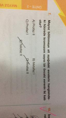 7.
10. Ins
Mayoz bölünmeye ait aşağıdaki evrelerin hangisinde-
ki hücrede kromozom sayısı bir önceki evrenin iki katı
olur?
rel
UNITE - 2
A) Profaz ||
B) Metafazl
C) Profaz1
DrAnafazi
Telofaz II
MAYOZ VE
