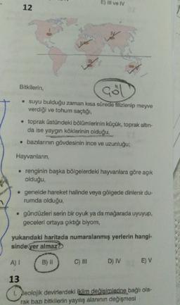 E) III ve IV
12
Bitkilerin,
Gol
• suyu bulduğu zaman kisa sürede tilizlenip meyve
verdiği ve tohum saçtığı,
toprak üstündeki bölümlerinin küçük, toprak altın-
da ise yaygın köklerinin olduğu,
• bazılarının gövdesinin ince ve uzunluğu;
Hayvanların
• renginin başka bölgelerdeki hayvanlara göre açık
olduğu,
• genelde hareket halinde veya gölgede dinlenir du-
rumda olduğu
• gündüzleri serin bir oyuk ya da mağarada uyuyup,
geceleri ortaya çıktığı biyom,
yukarıdaki haritada numaralanmış yerlerin hangi-
sinde yer almaz?
A) I
B) 1
C) III
D) IV
E) V
13
1. Jeolojik devirlerdeki iklim değişimlerine bağlı ola-
rak bazı bitkilerin yayılış alanının değişmesi
