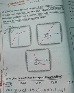 au
1(x.
ÇIKMIŞ SORU
ay?
De
En yüksek dereceli teriminin katsayısı 1 olan dördüncü dereceden
bir polinomun köklerinin birer tam sayı olduğu bilinmektedir. Bu
K
polinomun grafiğinin, dik koordinat düzleminde eksenleri kestia
noktalara ait bazı parçaları aşağıda verilmiştir.
y
72
X
4
X
Abenim hocam
61
Buna göre, bu polinomun katsayHarı toplamı kaçtır?
B) 80
C) 84
D) 92
E) 96
A) 72
P(x) = 71. (x +31 . lx-ulelxal. lxb)
P