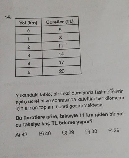 14.
Yol (km)
Ücretler (TL)
0
5
1
8
2
11
3
14
4
17
5
20
Yukarıdaki tablo, bir taksi durağında tasimetrelerin
açılış ücretini ve sonrasında katettiği her kilometre
için alınan toplam ücreti göstermektedir.
Bu ücretlere göre, taksiyle 11 km giden bir yol-
cu 