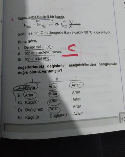 N2(g)
3. Kapalı sabit hacimli bir kapta,
is!
+ 3H
2(g)
2NH
AH
3(g)
tepkimesi 25 °C ta dengede iken sıcaklık 50 °C a çıkarılıyor.
Buna göre,
1. Denge sabiti (K)
II. Toplam molekül sayısı
III. Toplam basınç
değerlerindeki değişimler aşağıdakilerden hangisind