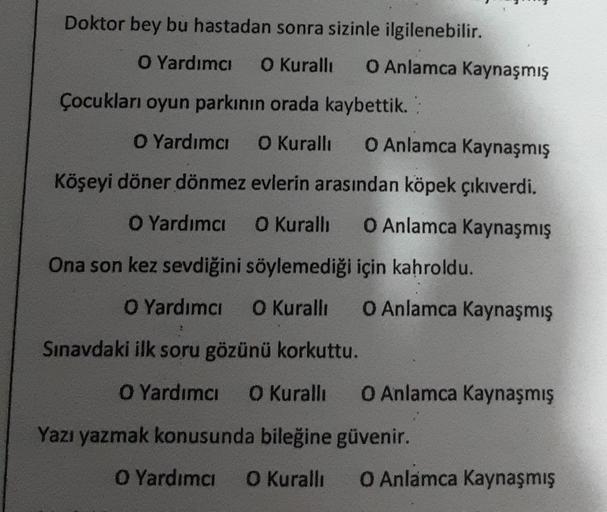 Doktor bey bu hastadan sonra sizinle ilgilenebilir.
O Yardımcı
O Kuralla
O Anlamca Kaynaşmış
Çocukları oyun parkının orada kaybettik.:
O Yardımcı
Kuralli
O Anlamca Kaynaşmış
Köşeyi döner dönmez evlerin arasından köpek çıkıverdi.
O Yardımcı
0 Kuralli
O Anla