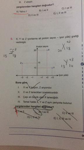 III. Z ateştir.
yargılarından hangileri doğrudur?
A) Yalnız 1
B) I ve II
C) I ve III
D) II ve III
E) I, II ve II
9. X, Y ve Z iyonlarına ait proton sayısı - iyon yükü grafiği
verilmiştir.
+2
Proton sayısı
20
.X
X 18
20
23
18
15
6
+3
Z
15
Y+
1310
13
5
lyon 