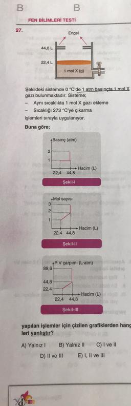B
B
FEN BİLİMLERİ TESTİ
27.
Engel
44,8 L
22,4 L
1 mol X (g)
Şekildeki sistemde 0 °C'de 1 atm basınçta 1 moLX
gazı bulunmaktadır. Sisteme;
Aynı sıcaklıkta 1 mol X gazı ekleme
Sıcaklığı 273 °C'ye çıkarma
işlemleri sırayla uygulanıyor.
Buna göre;
Basınç (atm)
2
1
+ Hacim (L)
44,8
22,4
Şekil-!
Mol sayısı
3
2
1
Hacim (L)
22,4 44,8
Şekil-11
AP.V çarpımı (L'atm)
89,6
44,8
22,4
Hacim (L)
22,4 44,8
Şekil-111
yapılan işlemler için çizilen grafiklerden hang
leri yanlıştır?
A) Yalnız! B) Yalnız 11 C) I ve II
D) II ve III E) I, II ve III
TE