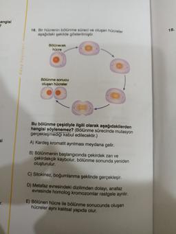 angisi
2
18.
16. Bir hücrenin bölünme süreci ve oluşan hücreler
aşağıdaki şekilde gösterilmiştir.
Bölünecek
hücre
Bölünme sonucu
oluşan hücreler
Bu bölünme çeşidiyle ilgili olarak aşağıdakilerden
hangisi söylenemez? (Bölünme sürecinde mutasyon
gerçekleşmediği kabul edilecektir.)
A) Kardeş kromatit ayrılması meydana gelir.
si
B) Bölünmenin başlangıcında çekirdek zarı ve
çekirdekçik kaybolur, bölünme sonunda yeniden
oluşturulur.
C) Sitokinez, boğumlanma şeklinde gerçekleşir.
D) Metafaz evresindeki dizilimden dolayı, anafaz
evresinde homolog kromozomlar rastgele ayrılır.
r.
E) Bölünen hücre ile bölünme sonucunda oluşan
hücreler aynı kalıtsal yapıda olur.