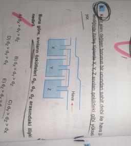6. Kesit alanı değişen borunun bir ucundan sabit debi ile hava ük.
lendiğinde özdeş tüplerde X, Y, Z.sıvıları şekildeki gibi yükseli.
yor.
V
Hava 4
X
Y
Z
Buna göre, sıvıların özkütleleri dx, dy, dz arasındaki ilişki
nedir?
A) dy> dy> dz B) dx = dy> dz C) dy> dz> dx
D) dz> dy>dy E) dz>dy
