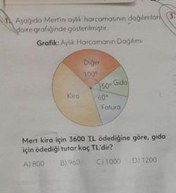 1
Aşağıda Mertin aylik harcamosinin dağılımlar 3.
daire grafiğinde gösterilmiştir
Grafik: Aylik Harcomann Doğilimi
Diğer
100
Gida
50°
Kiro
60°
Fatura
Mert kira için 3600 TL ödediğine göre, gida
için ödediği tutar kaç TL'dir?
A) 800 B) 960 C) 1000 D) 1200