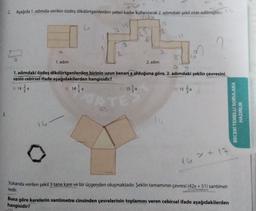 2. Aşağıda 1. adımda verilen özdeş dikdörtgenlerden yeteri kadar kullanılarak 2. adımdaki şekil elde edilmiştir
u
16.15
13
2
3
a
10
1. adım
2. adım
1. adımdaki özdeş dikdörtgenlerden birinin uzun kenari a olduğuna göre, 2. adımdaki şeklin çevresini
veren cebirsel ifade aşağıdakilerden hangisidir?
8) 1413
D3 15 2
Al 14
a
a
15.
a
a
MATE
3.
BECERI TEMELLI SORULARA
HAZIRLIK
14-
o
14 7 + 17
Yukarıda verilen şekil 3 tane kare ve bir üçgenden oluşmaktadır
. Şeklin tamamının çevresi (42X +51) santimet-
redir.
Buna göre karelerin santimetre cinsinden çevrelerinin toplamını veren cebirsel ifade aşağıdakilerden
hangisidir?
