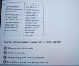 12.
1.
II.
Tanıdığım bir ağaç var
Etlik bağlarına yakın
Saadetin adını bile duymamış
Tanninin işine bakın.
Geceyi gündüzü biliyor
Dört mevsimi, rüzgân, kan
Ay işığına bayılıyor
Ama kötülemiyor karanlığı.
Çocuk, çok sevdi ağacı...
Verirdi ona, her kış
Çiçek