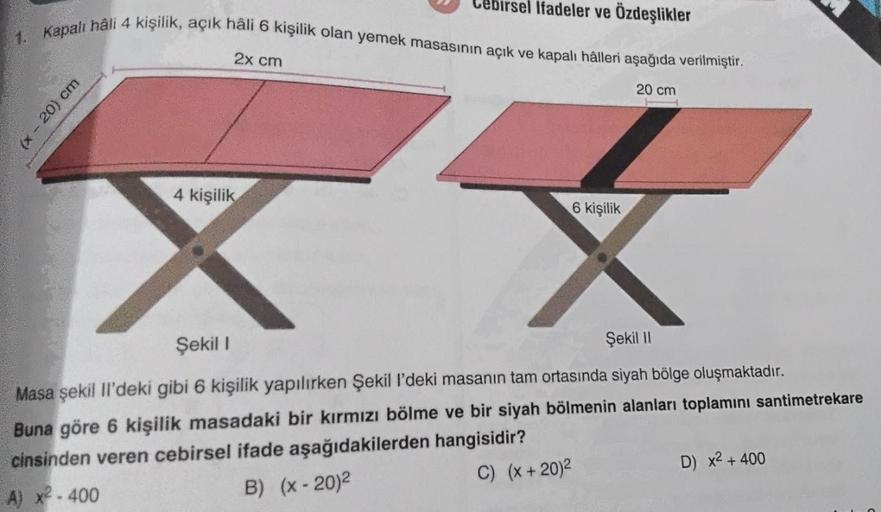 birsel Ifadeler ve Özdeşlikler
1. Kapalı hâli 4 kişilik, açık hâli 6 kişilik olan yemek masasının açık ve kapalı hâlleri aşağıda verilmiştir.
2x cm
20 cm
(x - 20) cm
4 kişilik
6 kişilik
v
X
Şekil 1
Şekil 11
Masa şekil il'deki gibi 6 kişilik yapılırken Şeki