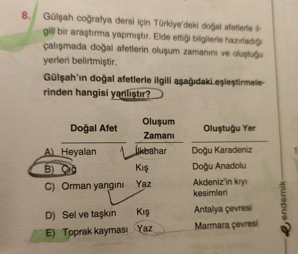 8. Gülşah coğrafya dersi için Türkiye'deki doğal afetlerle il-
gili bir araştırma yapmıştır. Elde ettiği bilgilerle hazırladığı
çalışmada doğal afetlerin oluşum zamanını ve oluştuğu
yerleri belirtmiştir.
Gülşah'ın doğal afetlerle ilgili aşağıdaki eşleştirmele-
rinden hangisi yanlıştır?
Doğal Afet
Oluştuğu Yer
Oluşum
Zamanı
İlkbahar
A) Heyalan
B) Qig
C) Orman yangini
Kış
Yaz
Doğu Karadeniz
Doğu Anadolu
Akdeniz'in kiyi
kesimleri
Antalya çevresi
Marmara çevresi
e endemik
D) Sel ve taşkın Kış
E) Toprak kayması Yaz
