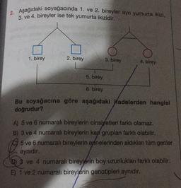 2. Aşağıdaki soyağacında 1. ve 2. bireyler ayrı yumurta ikizi,
3. ve 4. bireyler ise tek yumurta ikizidir.
1. birey
2. birey
3. birey
4. birey
5. birey
6. birey
Bu soyağacına göre aşağıdaki ifadelerden hangisi
doğrudur?
A) 5 ve 6 numaralı bireylerin cinsiyetleri farklı olamaz.
B) 3 ve 4 numarah bireylerin kar gruplan farklı olabilir.
5 ve 6 numaralı bireylerin annelerinden aldıklan tüm genler
aynidir.
D) 3 ve 4 numaralı bireylerin boy uzunlukları farklı olabilir.
E) 1 ve 2 numaralı bireylerin genotipleri aynıdır.
