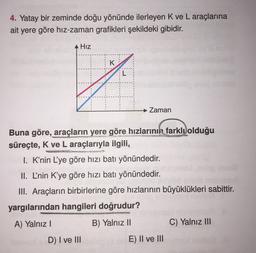 4. Yatay bir zeminde doğu yönünde ilerleyen K ve L araçlarına
ait yere göre hiz-zaman grafikleri şekildeki gibidir.
Hız
K
7
→ Zaman
Buna göre, araçların yere göre hızlarının farklı olduğu
süreçte, K ve L araçlarıyla ilgili,
I. K’nin L'ye göre hızı batı yönündedir.
II. L'nin K'ye göre hızı batı yönündedir.
III. Araçların birbirlerine göre hızlarının büyüklükleri sabittir.
yargılarından hangileri doğrudur?
A) Yalnız!
B) Yalnız II
C) Yalnız III
D) I ve III
E) II ve III
