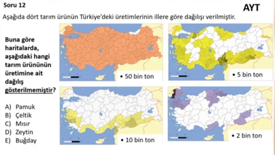 AYT
Soru 12
Aşağıda dört tarım ürünün Türkiye'deki üretimlerinin illere göre dağılışı verilmiştir.
Buna göre
haritalarda,
aşağıdaki hangi
tarım ürününün
üretimine ait
dağılış
gösterilmemiştir?
• 50 bin ton
• 5 bin ton
A) Pamuk
B) Çeltik
C) Misir
D) Zeytin
E) Buğday
• 2 bin ton
• 10 bin ton