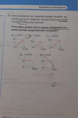 Hızlanma ve Yavaşlama
11. Avini yakalamak için gizlendiği yerden harekete ge-
çen bir cita avinin peşinden düzgün hızlanarak 5 s'de
hızın 72 km/h'e çıkarmaktadır.
Buna göre, çitanin (0-5) s zaman aralığındaki hız-
zaman grafiği aşağıdakilerden hangisidir?
B
A V(m/s)
A) A V(m/s)
12
C) A V(m/s)
20
72
✓
0
5 t(s)
5 t(s)
5 t(s)
D) (m/s)
Ev(m/s)
10
24
0
0
5t(s)
5 t(s)
12 ilk bor 10
