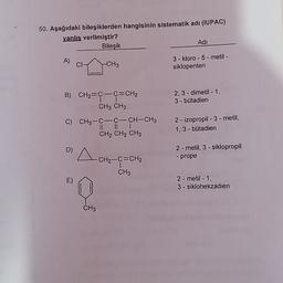 50. Aşağıdaki bileşiklerden hangisinin sistematik adı (IUPAC)
yanlış verilmiştir?
Bileşik
Adi
A)
CI
- CH3
3 - kloro-5-metil-
siklopenten
B) CH2=C-C=CH2
CH3 CH3
2,3-dimetil -1,
3 - butadien
C) CH3-C=C=CH-CH3
II
CH2 CH2 CH3
2- izopropil - 3 - metil,
1,3-butadien
A G
2-metil, 3 - siklopropil
- prope
-CH2-C=CH2
CH3
2-metil- 1,
3 - siklohekzadien
CH3
