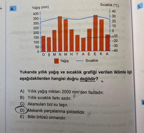 Sıcaklık (°C)
1.
Yağış (mm)
40
400
30
350
20
300
10
250
0
200
150
-10
100
-20
50
-30
-40
OŞ M N M H T A E E KA
Yağış
Sıcaklık
0
-
Yukarıda yıllık yağış ve sıcaklık grafiği verilen iklimle ilgili
aşağıdakilerden hangisi doğru değildir?
A) Yillik yağış mikta