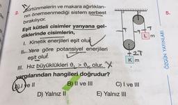 2
2. Sürtünmelerin
ve makara ağırlıkları-
önemsenmediği sistem serbest
5.
nin
den
bırakılıyor.
m
Eşit kütleli cisimler yanyana gel-
diklerinde cisimlerin,
1. Kinetik enerjileri eşit olut.
Il Yere göre potansiyel enerjileri
ÖZGÜN YAYINLARI
+27
eşit
olur.
Km
III. Hız büyüklükleri 0_ > Ox olur. X
vargılarından hangileri doğrudur?
B) II ve III C) I ve III
D) Yalnız II
E) Yalnız III
All ye Il