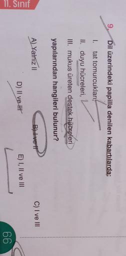 9.
Dil üzerindeki papilla denilen kabartılarda;
1.
tat tomurcukları,
II. duyu hücreleri,
III. mukus üreten destek hücreleri
yapılarından hangileri bulunur?
A) Yalnız 11
B) I ve II
C) I ve III
11. Sinif
D) II ve II
E) I, II ve III
66
