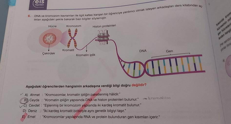 eis
Yayınlar
DNA ve kromozom kavramları ile ilgili kafası karışan bir öğrenciye yardımcı olmak isteyen arkadaşları ders kitabından aç.
tiklan aşağıdaki şekile bakarak bazı bilgiler söylemiştir.
6.
Hücre
Kromozom
Histon proteinleri
OX
Makandle krom
Mucresin