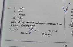 7. 1.
Lagün
Delta
II.
Ulu
olu
III.
Tombolo
Bu
IV. Falez
SII
A)
Yukarıdaki kıyı şekillerinden hangileri dalga biriktirme-
si sonucu oluşmuşlardır?
B
C
A) I ve II
B) ve III
D) II ve IV
C) II ve III
E) III ve IV
D
E
103