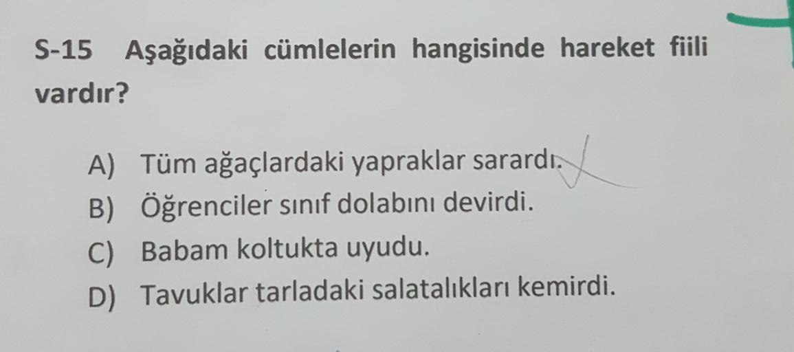 S-15 Aşağıdaki cümlelerin hangisinde hareket fiili
vardır?
A) Tüm ağaçlardaki yapraklar sarardı.
B) Öğrenciler sınıf dolabını devirdi.
C) Babam koltukta uyudu.
D) Tavuklar tarladaki salatalıkları kemirdi.
