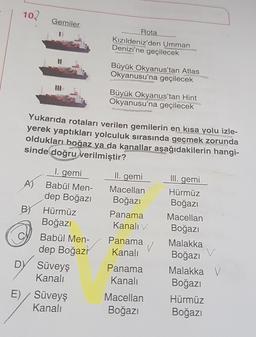 10,2
Gemiler
Rota
Kızıldeniz'den Umman
Denizi'ne geçilecek
Büyük Okyanus'tan Atlas
Okyanusu'na geçilecek
Büyük Okyanus'tan Hint
Okyanusu'na geçilecek
I. gemi
Yukarıda rotaları verilen gemilerin en kısa yolu izle-
yerek yaptıkları yolculuk sırasında geçmek zorunda
oldukları boğaz ya da kanallar aşağıdakilerin hangi-
sinde doğru
verilmiştir?
II. gemi III. gemi
A) Babül Men- Macellan Hürmüz
dep Boğazı Boğazi Boğazı
BY Hürmüz Panama Macellan
Boğazı
Kanalı V. Boğazı
Babül Men- Panama Malakka
✓
V
dep Boğazı Kanalı Boğazı
Süveyş
Panama Malakka V.
Kanali
Kanali Boğazı
E) /Süveyş
Macellan Hürmüz
Kanalı
Boğazı Boğazı
oy
