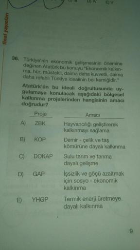 D) IV
E) V
final yayınları
36. Türkiye'nin ekonomik gelişmesinin önemine
değinen Atatürk bu konuyu "Ekonomik kalkın-
ma, hür, müstakil, daima daha kuvvetli, daima
daha refahli Türkiye idealinin bel kemiğidir."
Atatürk'ün bu ideali doğrultusunda uy-
gulamaya konulacak aşağıdaki bölgesel
kalkınma projelerinden hangisinin amacı
doğrudur?
Proje
Amaci
A) ZBK Hayvancılığı geliştirerek
kalkınmayı sağlama
B) KOP Demir - çelik ve taş
kömürüne dayalı kalkınma
DOKAP Sulu tarım ve tarıma
dayalı gelişme
D) GAP İşsizlik ve göçü azaltmak
için sosyo - ekonomik
kalkınma
YHGP
Termik enerji üretmeye
dayalı kalkınma