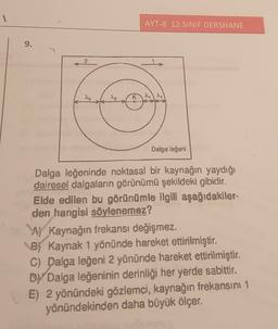 <
AYT-8 12.SINIF DERSHANE
9.
K
Dalga leğeni
Dalga leğeninde noktasal bir kaynağın yaydığı
dairesel dalgaların görünümü şekildeki gibidir
.
Elde edilen bu görünümle ilgili aşağıdakiler-
den hangisi söylenemez?
Wy Kaynağın frekansı değişmez.
e Kaynak 1 yönünde hareket ettirilmiştir.
C) Dalga leğeni 2 yönünde hareket ettirilmiştir.
Dy Dalga leğeninin derinliği her yerde sabittir.
E) 2 yönündeki gözlemci, kaynağın frekansını 1
yönündekinden daha büyük ölçer,