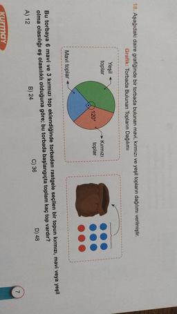 18. Aşağıdaki daire grafiğinde bir torbada bulunan mavi, kırmızı ve yeşil topların dağılımı verilmiştir.
Grafik: Torbada Bulunan Topların Dağılımı
Yeşil
toplar
Kırmızı
toplar
120°
Mavi toplar
Bu torbaya 6 mavi ve 3 kırmızı top eklendiğinde torbadan rastgele seçilen bir topun kırmızı, mavi veya yeşil
olma olasılığı eş olasılıklı olduğuna göre; bu torbada başlangıçta toplam kaç top vardır?
B) 24
C) 36
D) 48
A) 12
7
Kurmay