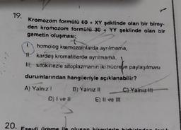 19.
Kromozom formülü 60 + XY şeklinde olan bir birey.
den kromozom formülü 30 + YY şeklinde olan bir
gametin oluşması;
1 homolog kromozomlarda ayosimama,
I kardeş kromatitlerde ayntmama.
Il sitokinezle sitoplazmanın iki hücrele paylaşılması
durumlarından hangileriyle açıklanabilir?
A) Yalnız! B) Yalnız It C) Yalnu ut
D) I ve II E) II ve Ill
20.
geuli rame ile olan biroularin