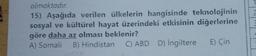 olmaktadır.
15) Aşağıda verilen ülkelerin hangisinde teknolojinin
sosyal ve kültürel hayat üzerindeki etkisinin diğerlerine
göre daha az olması beklenir?
A) Somali B) Hindistan C) ABD D) İngiltere E) Çin