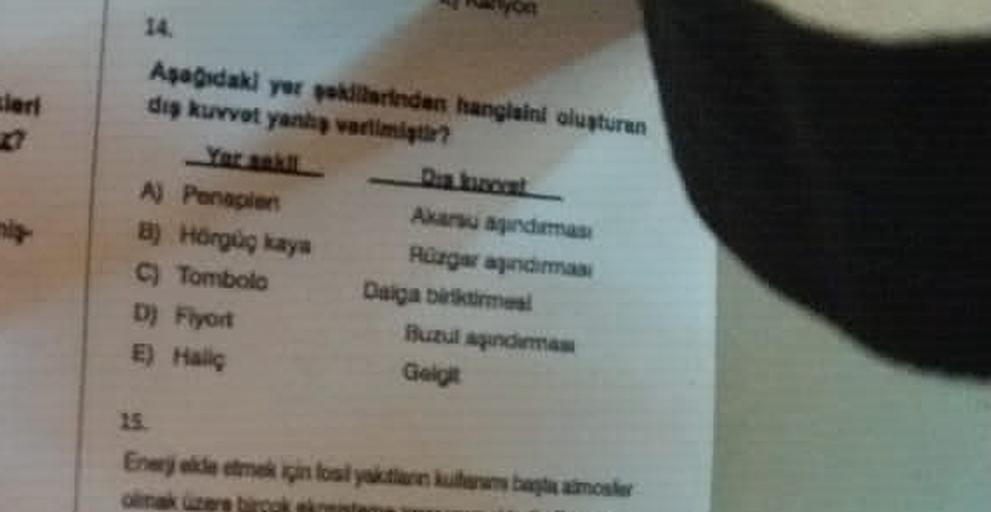 zleri
14
Asagidaki yer anden hangisini oluşturan
diş kuvvot yanvalmir?
Raat
A) Porapien
Aan dimas
B) Hörpu kaya Ruzgaidimas
© Tombola Daiga betimes
D) Flyor
Huzul india
E) Mac
Gelige
Enerjiden olyckorban moster
