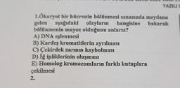 YAZIUS
1. Ökaryot bir hücrenin bölünmesi esnasında meydana
gelen aşağıdaki olayların hangisine bakarak
bölünmenin mayoz olduğunu anlarız?
A) DNA eşlenmesi
B) Kardeş kromatitlerin ayrılması
C) Çekirdek zarının kaybolması
D) İğ ipliklerinin oluşması
E) Homolog kromozomların farklı kutuplara
cekilmesi
2.