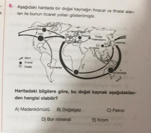 9. Aşağıdaki haritada bir doğal kaynağın ihracat ve ithalat alan-
lan ile bunun ticaret yollan gösterilmiştir.
e
iskanje sa
Aeo
28
Pug Fun
Federasyonu
nam
Othalat
Ameri
Haritadaki bilgilere göre, bu doğal kaynak aşağıdakiler-
den hangisi olabilir?
A) Madenkömürü
B) Doğalgaz
C) Petrol
D) Bor minerali
E) Krom